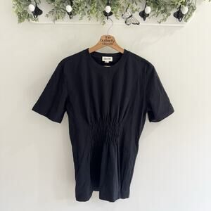 Open Edit Pintuck Cinched Waist Short Sleeve Black Tee Medium LS